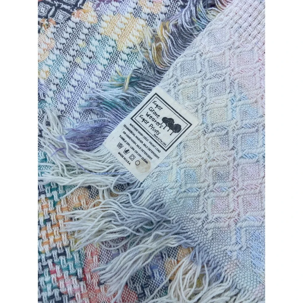 Sugar Grove Weavers Pastel Floral Woven Throw Blanket Fringed Tapestry 47x57 USA